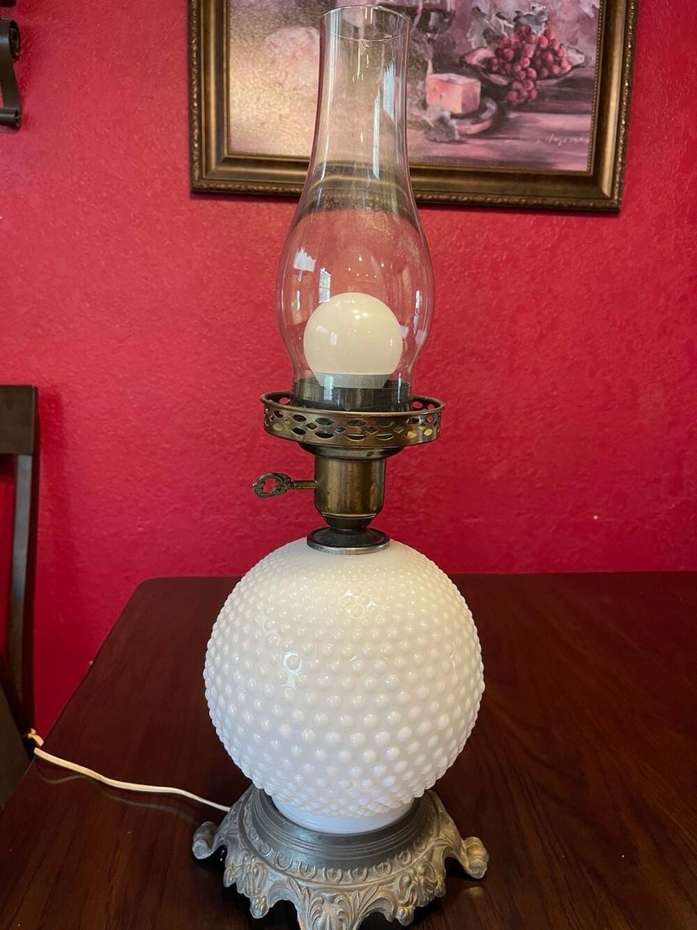 Vintage Fenton Hobnail Milk Glass Electric Hurricane Lamp White